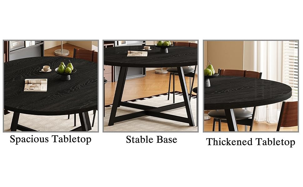 Large Round Dining Table for 6-8,Wooden Dinner Table with Heavy Duty Metal Pedestal Base,for Kitchen Living Room, 59 Inch, Black