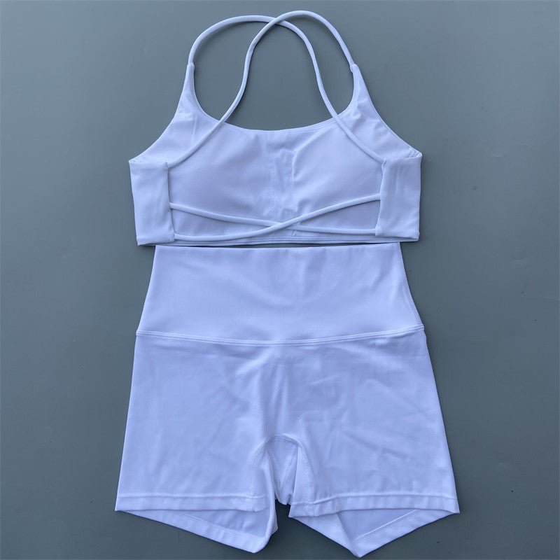 Yoga Shorts Set Gym Two Piece Sports Set Women Workout Outfit Fitness Suit Cross Straps Bra High Waist Shorts Running Tracksuit