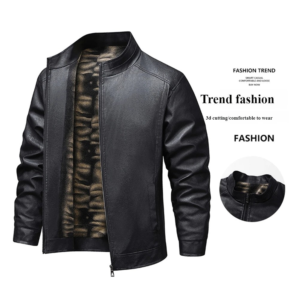 2025 New Men's autumn thin velvet leather jacket, warm and retro men's motorcycle jacket, outdoor casual PU leather jacket