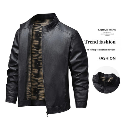2025 New Men's autumn thin velvet leather jacket, warm and retro men's motorcycle jacket, outdoor casual PU leather jacket