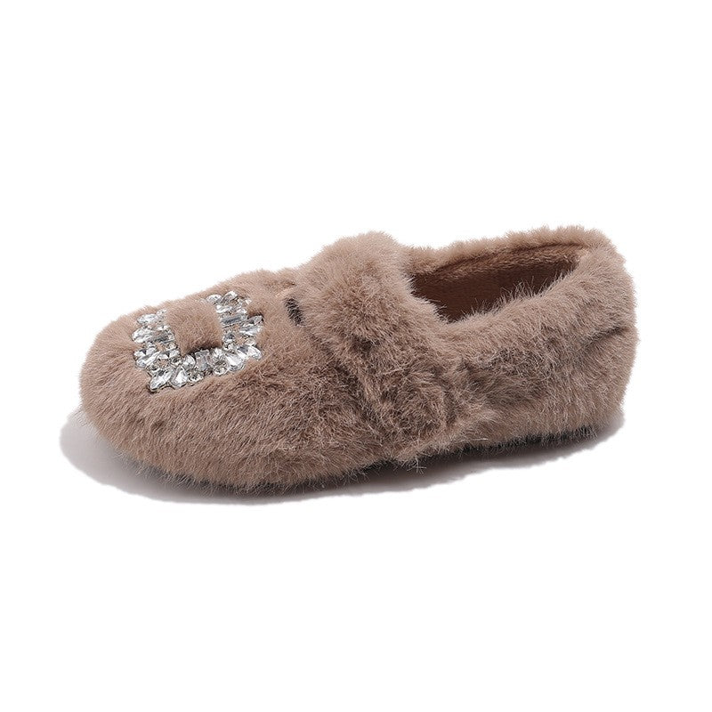 2025 Autumn Winter Children Warm Fur Shoes Fashion Rhinestone Moccasins Flats Outwear Girls Shoes Khaki, Beige, White