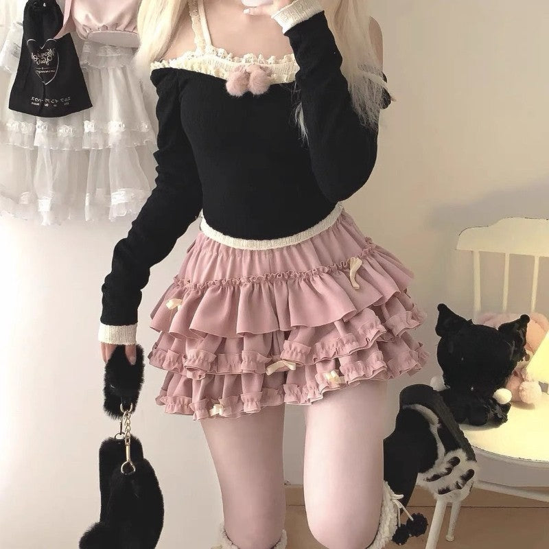 2025 Summer New Versatile Women's Clothing Blue Bow Lace Cake Tutu Mini Skirt Kawaii Pink Sweet Cute Thin A-line Skirts Ladies