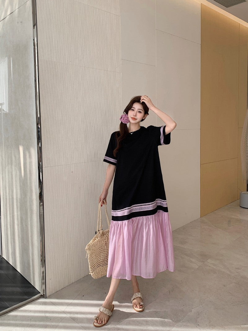 NYFS 2025 Summer Dress Loose plus Size Black Patchwork Pink Hem Long Dresses Robe Elbise Short Sleeve Korean Style Woman Dress
