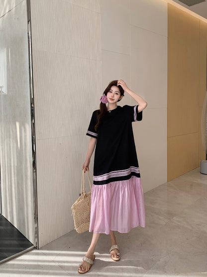 NYFS 2025 Summer Dress Loose plus Size Black Patchwork Pink Hem Long Dresses Robe Elbise Short Sleeve Korean Style Woman Dress