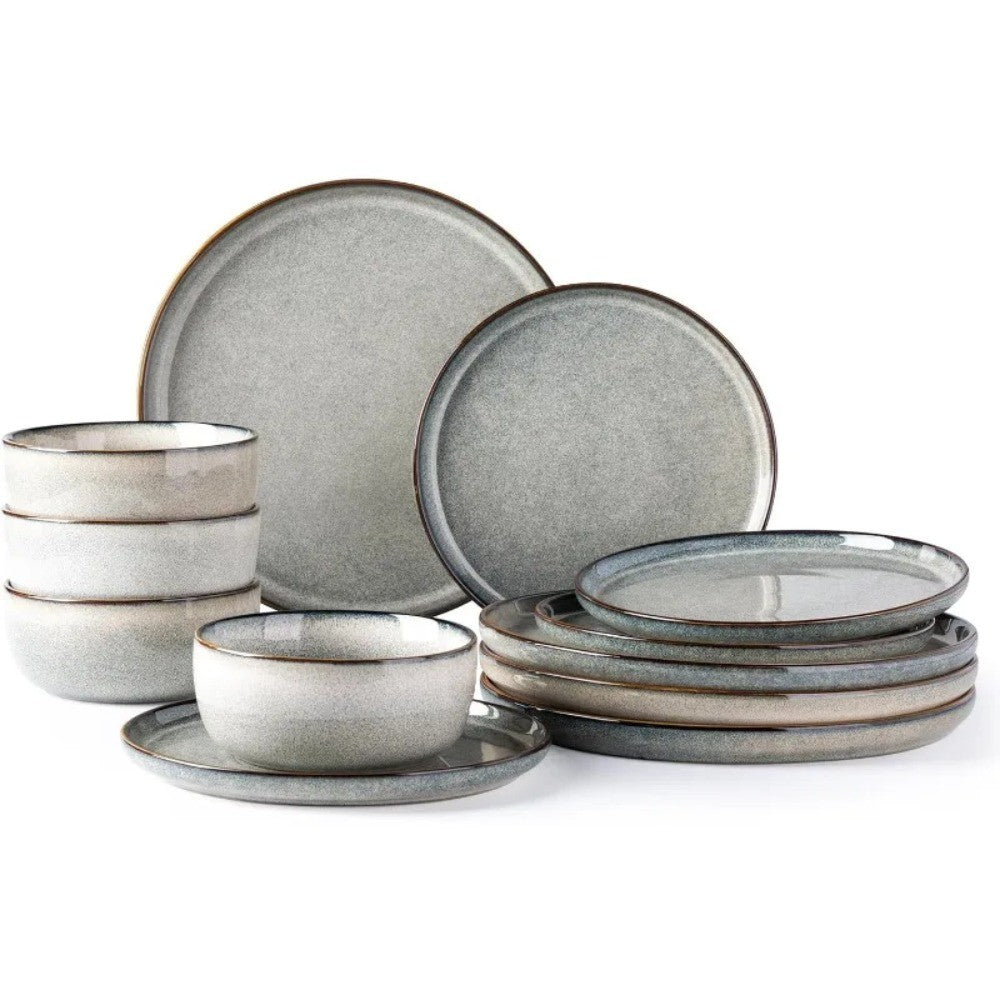Ceramic Tableware Set for 4, 12-piece Ceramic Plate and Bowl Set, Scratch-resistant Tableware, Dishwasher-safe