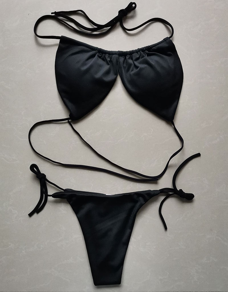 Summer Sexy Bikini set Push-up padded Bra Thong Split Swimwear Female Bandage Bathing Suit Adjustable Lacing Swimsuit Solid