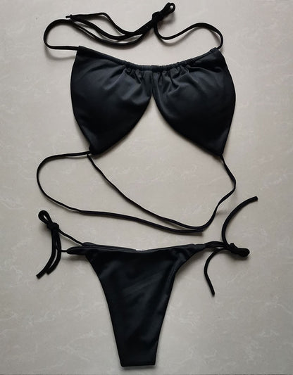 Summer Sexy Bikini set Push-up padded Bra Thong Split Swimwear Female Bandage Bathing Suit Adjustable Lacing Swimsuit Solid
