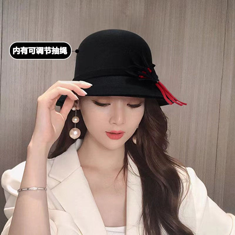 2022 Outono Inverno Fedoras Chapéu Feminino Elegante Vintage Laço Lã Chapéu Feminino Cúpula Feltro Casamento Igreja Boné Jazz Feminino Laço Cartola