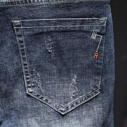 American Elastic Straight Jeans Men Ripped Worn-out Slim-fit Cotton Denim Pants Korean Style Fashion Blue Black Men's Clothing