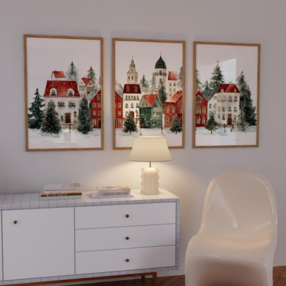 Christmas Village Prints Set of 3 Snowy Winter Town Paintings Christmas Poster Print for Living Room  Xmas Santa Decoration