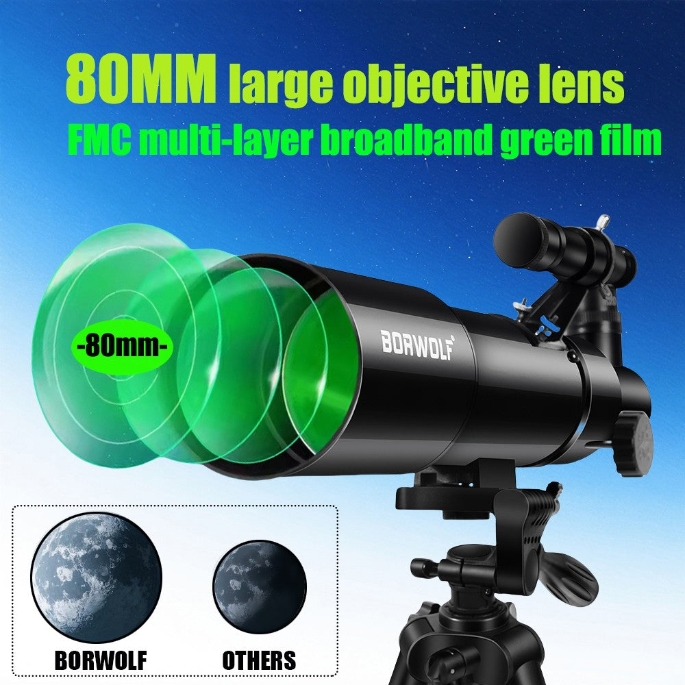 BORWOLF AZ80400 Telescópios Astronômicos para Adultos, Abertura de 80mm Montagem AZ de 400mm 200X HD para Observação da Lua, Estrelas e Pássaros