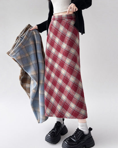 2025 Autumn Vintage Woolen Plaid Skirts Lady Elegant High Waist Slimming A-Line Skirt Women Korean Streetwear Slit Long Skirt