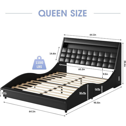 Queen Size LED Bed Frame with Bluetooth Speaker, PU Leather Upholstered Platform Bed Frame with Charging Station, Modern