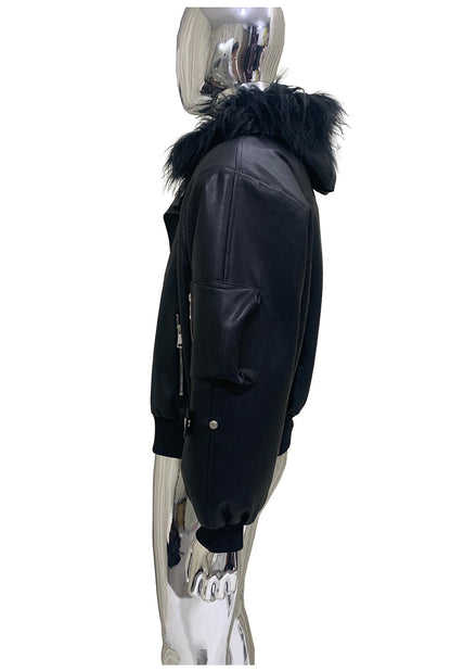 Mauroicardi Autumn Winter Short Oversized Black Warm Pu Leather Jacket Men with Faux Fur Trim Hood Loose Casual Korean Fashion