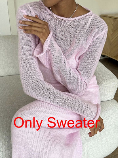Spring Autumn O-Neck Elastic Knit Long Dresses Women 2024 Elegant Chic Soft Lady