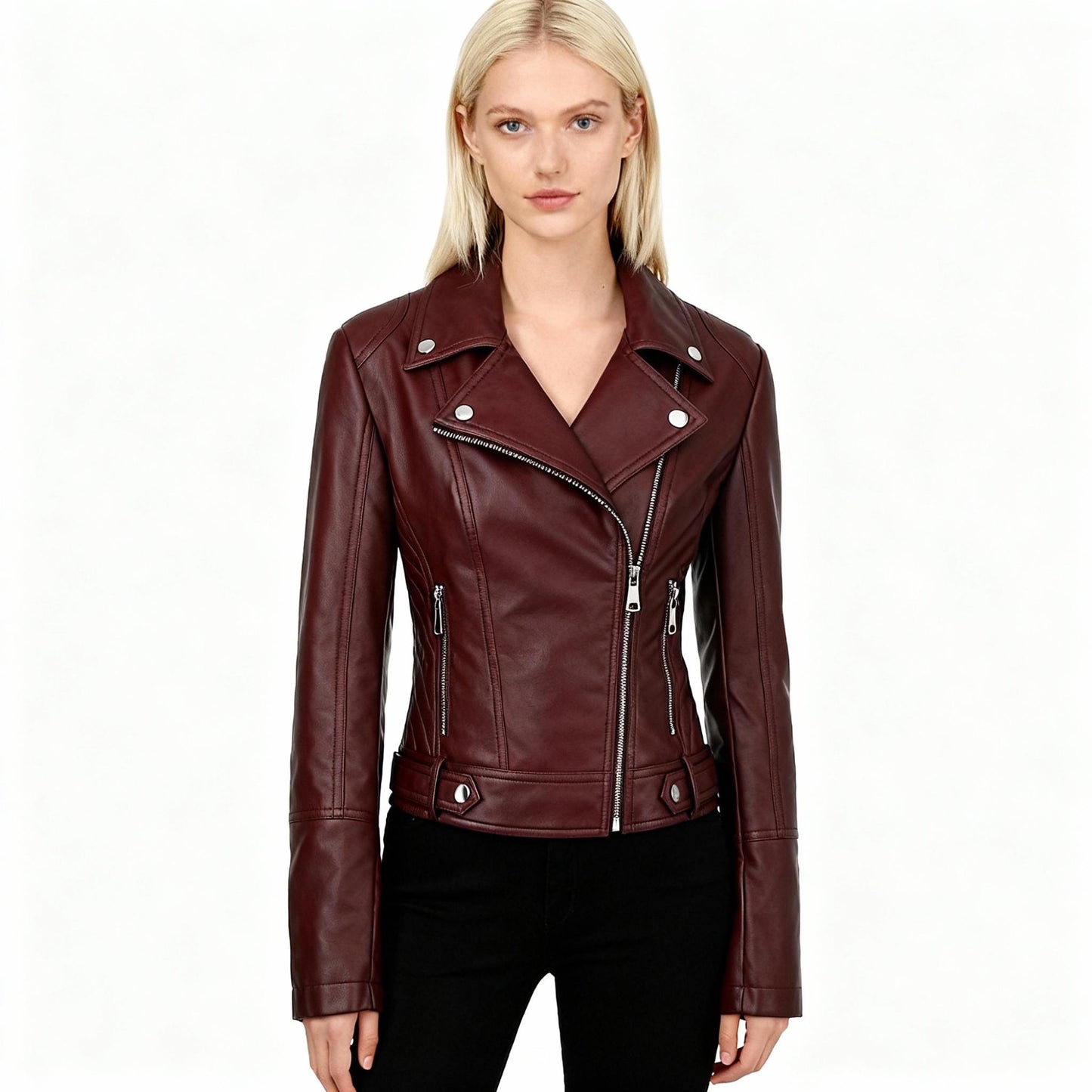 ? Biker Style Pu Leather Jacket for Women - Vegan Faux Motorcycle Jacket with Zipper & Buttons (Black/White/Red/Green)
