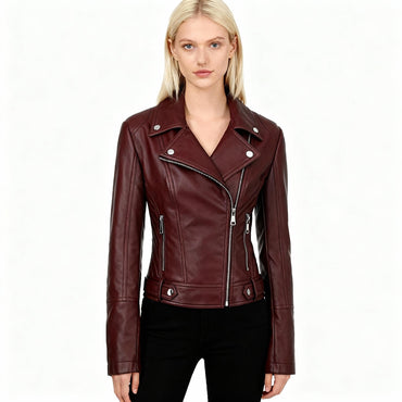 ? Biker Style Pu Leather Jacket for Women - Vegan Faux Motorcycle Jacket with Zipper & Buttons (Black/White/Red/Green)