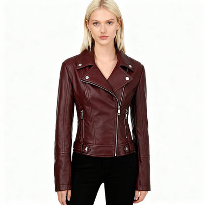 ? Biker Style Pu Leather Jacket for Women - Vegan Faux Motorcycle Jacket with Zipper & Buttons (Black/White/Red/Green)