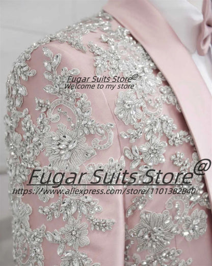 Fashion Pink Party Men Suits Customized  Gorgeous Shiny Rhinestone Groom Wedding Tuxedos 2Pcs Sets Male Prom Blazers Ropa Hombre