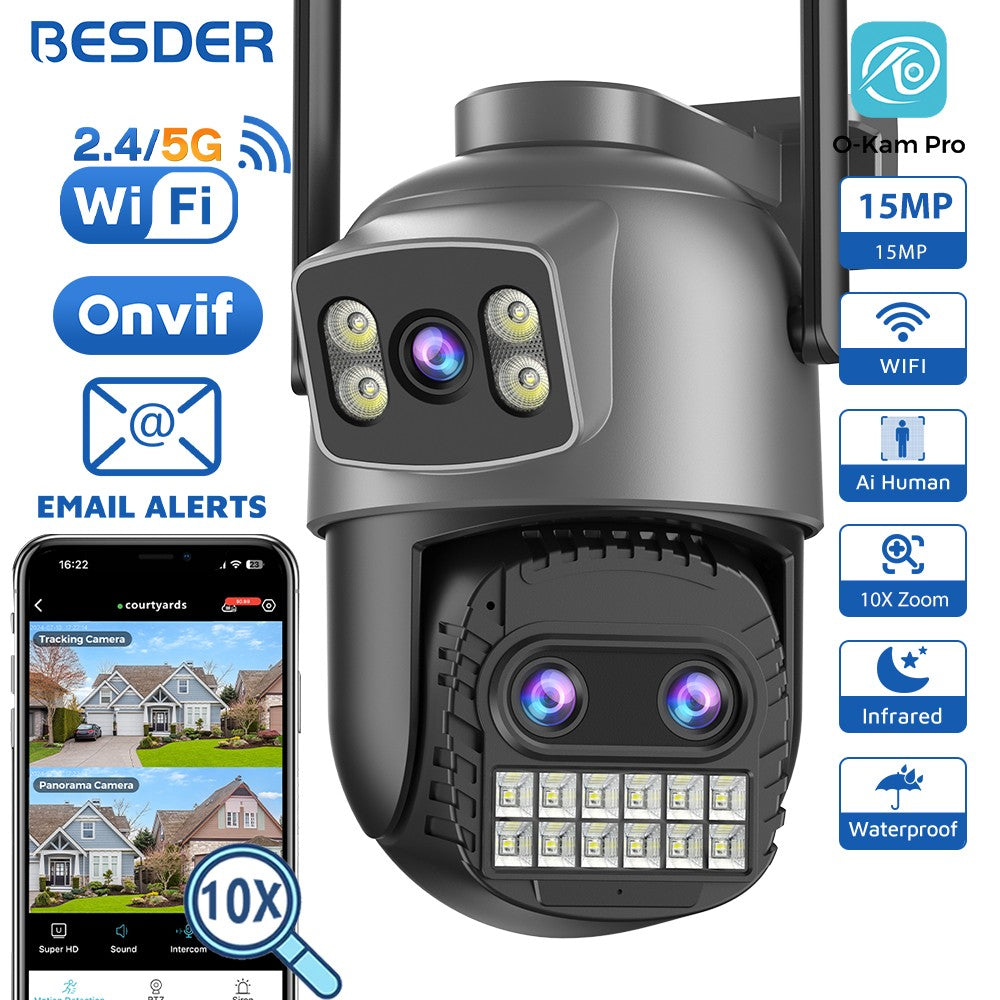 BESDER 15MP Wifi Camera Outdoor Dual Screen 10X Digital Zoom CCTV Video Surveillance Cam PTZ 8MP Security IP Camera O-Kam Pro