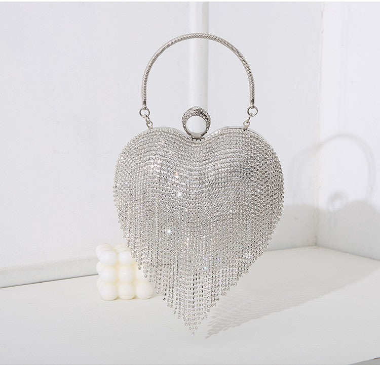 Rhinestone Evening Bag Heart Pattern Silver Handbag Womens Diamond Tassel Banquet Clutch And Purse Wedding Bridal Prom Wallets