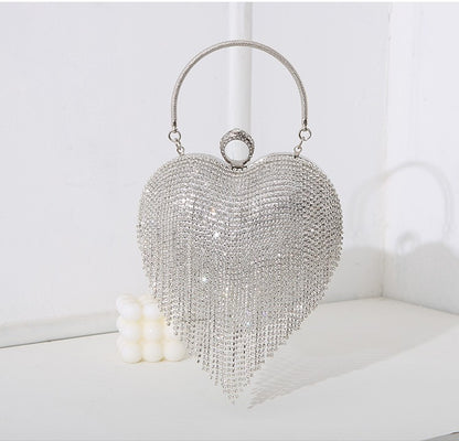 Rhinestone Evening Bag Heart Pattern Silver Handbag Womens Diamond Tassel Banquet Clutch And Purse Wedding Bridal Prom Wallets