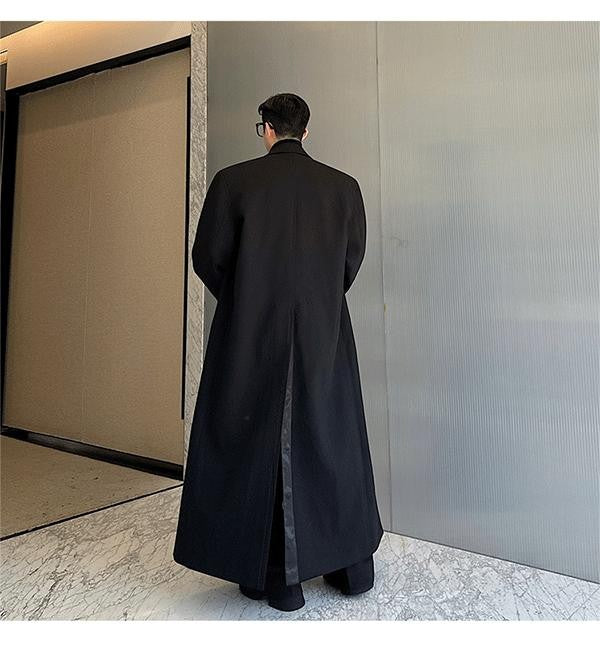 Mauroicardi Spring Autumn Extra Logn Black Oversized Flowy Soft Trench Coat for Men with Back High Slit Loose Casual Overcoat
