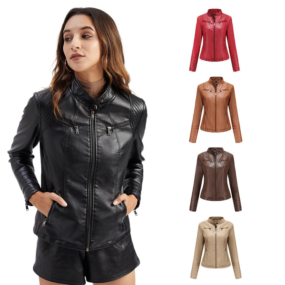 Women's Slim Leather Jacket, Stand-up Collar, Zipper Stitching, Monochromatic Coat, Fashion Clothing, New