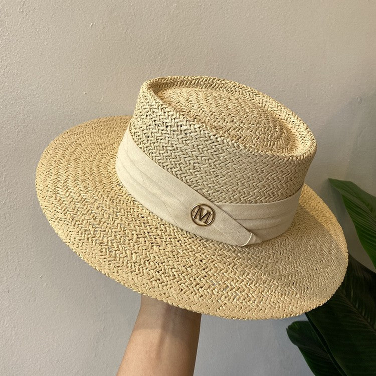 Chapéu de Palha Feminino de Verão Chapéu de Sol Luxuoso Feminino Chapéu de Praia de Proteção Solar da Moda Chapéu Panamá Francês Chapéu Raff de Aba Larga com Topo Abaulado
