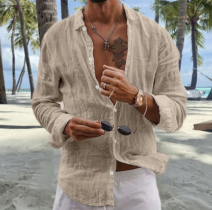 Men's cotton and linen shirt tops simple lapel solid color shirt tops comfortable loose casual vacation shirt express delivery