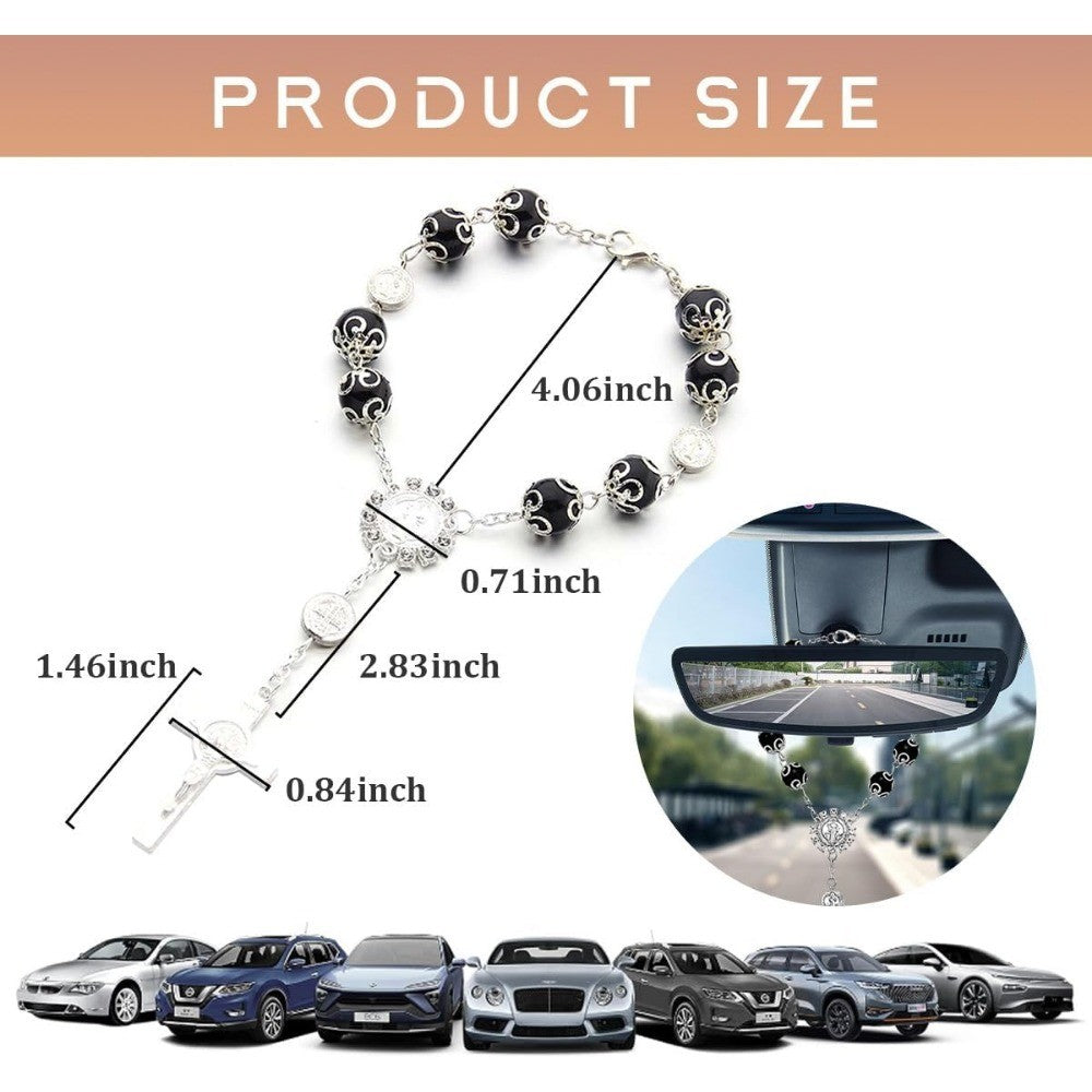 Car Rosary for Rearview Mirror, Personalized Rear View Cross Blessing Beads Decor, Auto Rearview Catholic Rosary