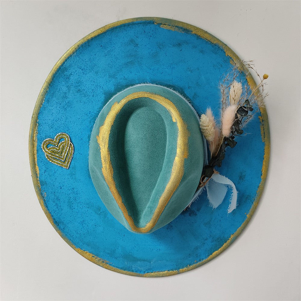 Chapéu Fedora Pintado à Mão Masculino e Feminino Chapéu Panamá Moda Primavera Outono com Pena Envolta Chapéu Fedora de Lã com Aba Grande