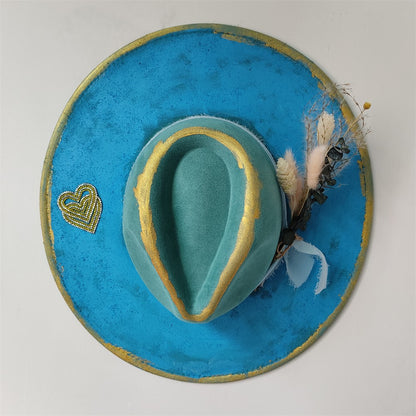 Chapéu Fedora Pintado à Mão Masculino e Feminino Chapéu Panamá Moda Primavera Outono com Pena Envolta Chapéu Fedora de Lã com Aba Grande