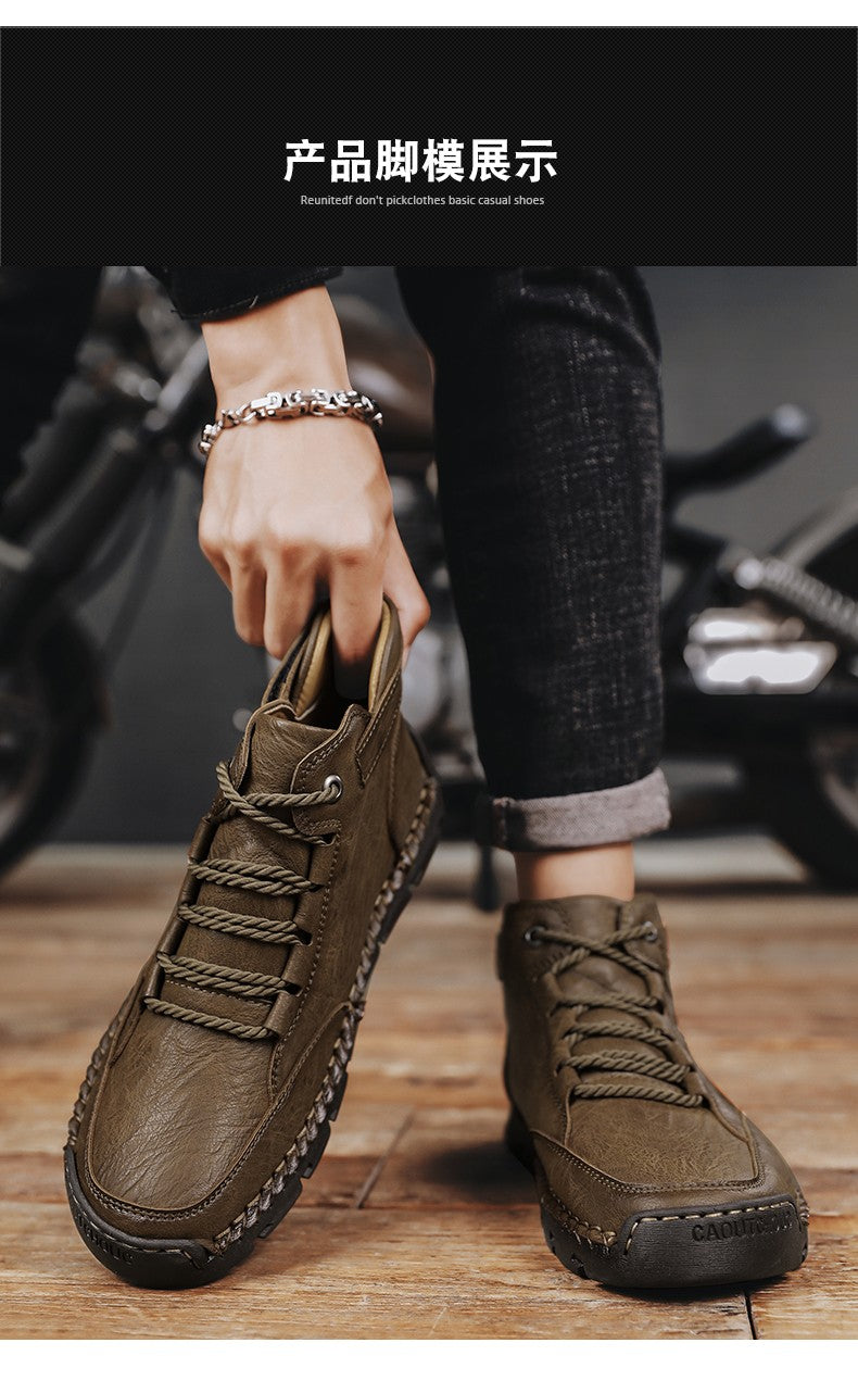 Botas masculinas costuradas à mão, sapatos casuais plus size, botas confortáveis e macias, botas antiderrapantes para uso externo