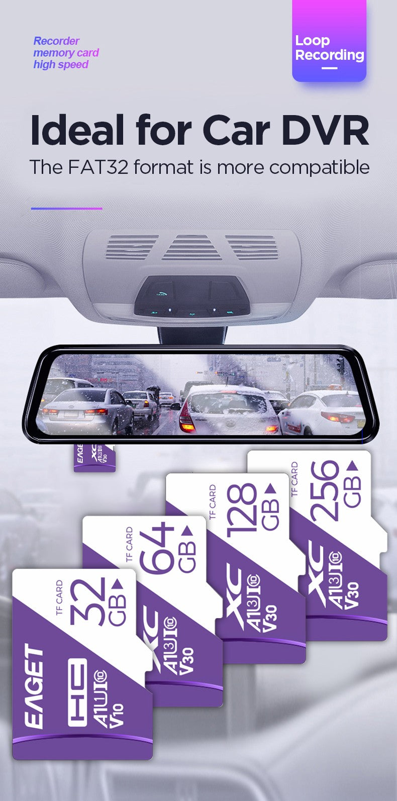 Cartão de Memória Eaget 256GB 128GB 32GB Cartão TF SD A1 V30 Classe10 UHS-1 64GB Alta Velocidade Compatível com Câmera Veicular Câmera de Vigilância