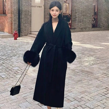 Korean Style Temperament Fur Collar Fashion Women's Coat Medium To Long Simple Casual Woolen Coat Slimming Versatile Woolen Coat