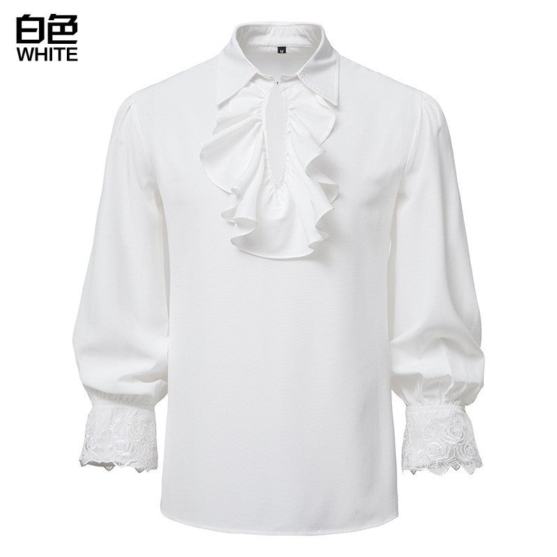 Men Steampunk Ruffle Shirt Long Sleeve Lace Cuff Medieval Victorian Halloween Costume Tops