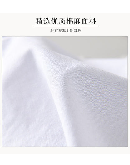 2024 Men's Linen Long-sleeved Shirt with Stand Collar, Youth Casual Loose Men's Cotton and Linen White Shirt.Beach Vacation Top
