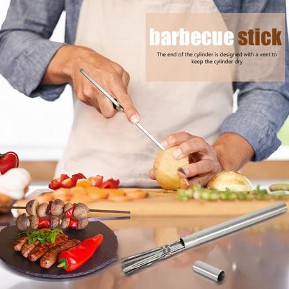 Stainless Steel Barbecue Skewer Storage Tube Charcoal Grill Skewer Flat BBQ Fork Kitchen Outdoor Camping Accessories Utensils