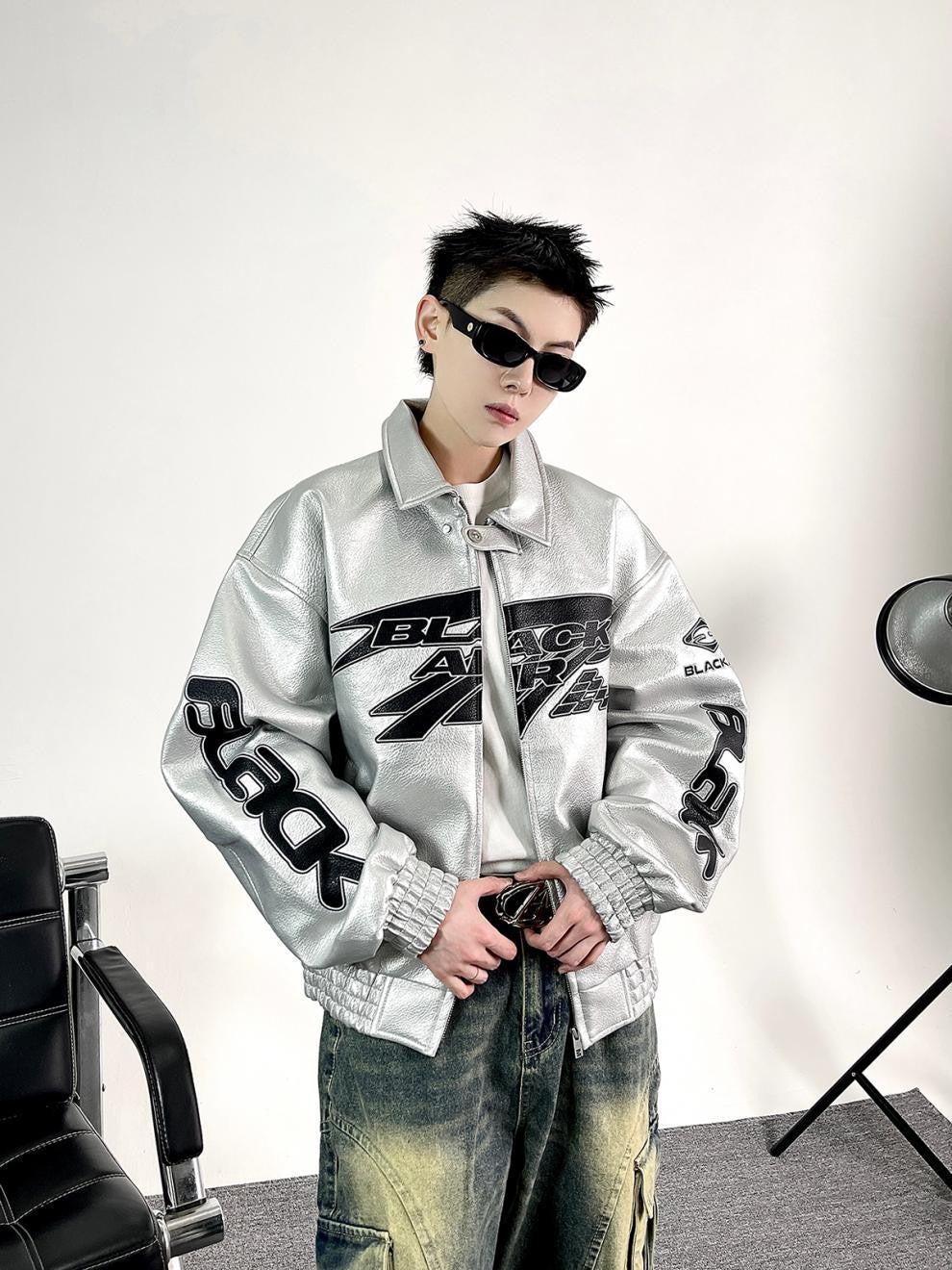 Heavy Duty Embroidered Men's Motorcycle Leather Jacket, Silver Edgy Aesthetic Windbreaker for Men, Autumn Fashion Mans Clothes