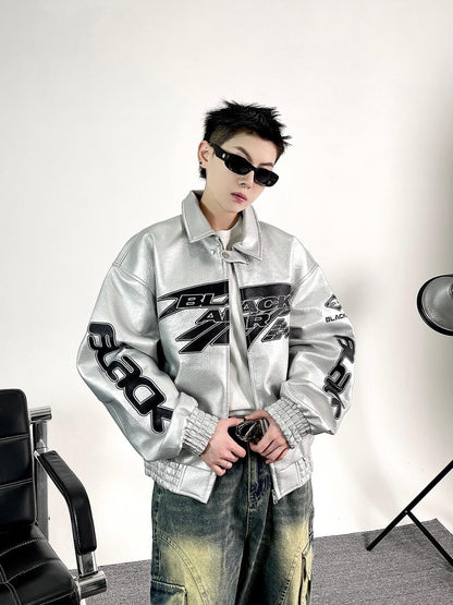 Heavy Duty Embroidered Men's Motorcycle Leather Jacket, Silver Edgy Aesthetic Windbreaker for Men, Autumn Fashion Mans Clothes