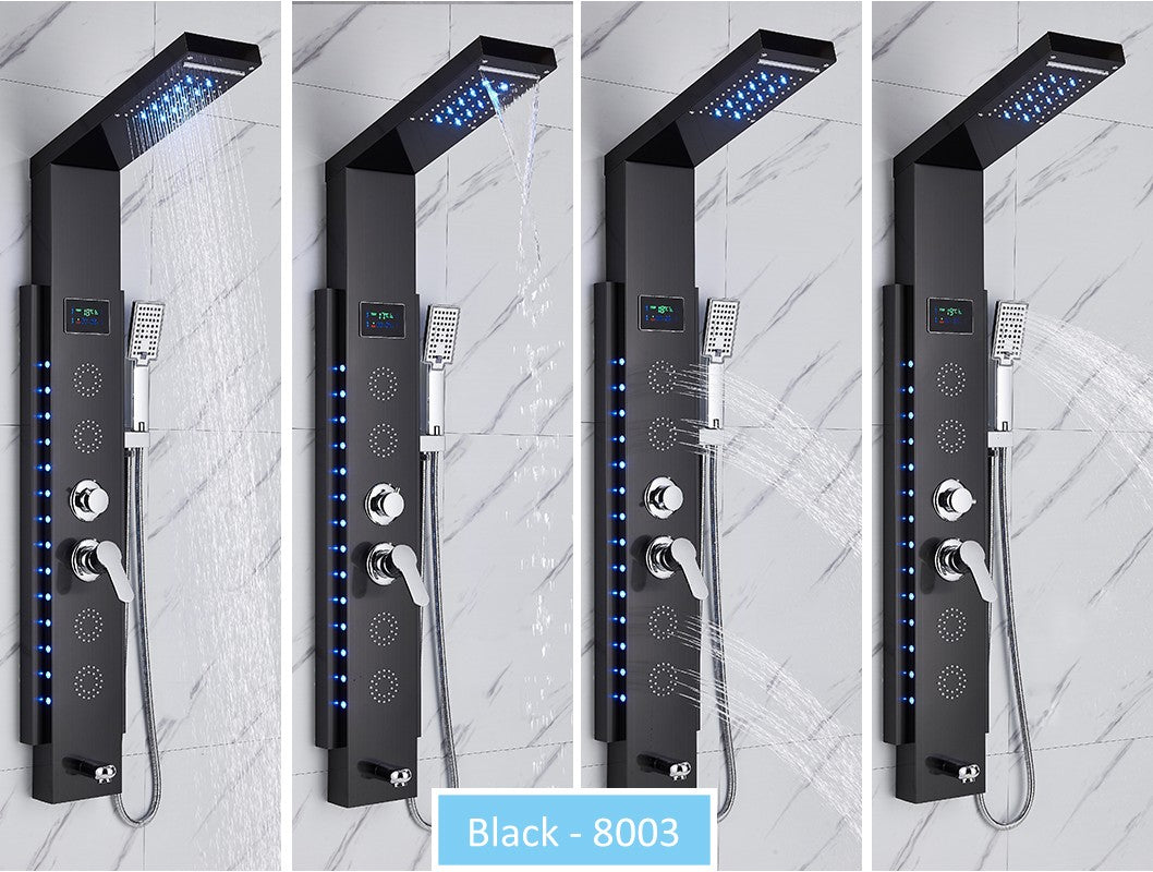 Sistema de Torre de Painel de Chuveiro de LED Coluna de Chuveiro de Cascata de Chuva com Tela LCD de Hidroeletricidade com Torneira de Chuveiro de Spa de Corpo com Massagem