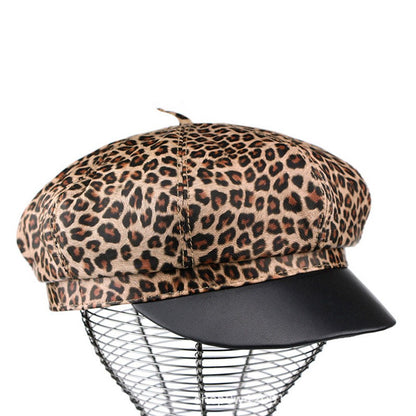 Autumn Winter Women's Genuine Sheep Leather Octagonal Beret | Leopard Print Trendy Painter Hat Celebrity Style Versatile Cap