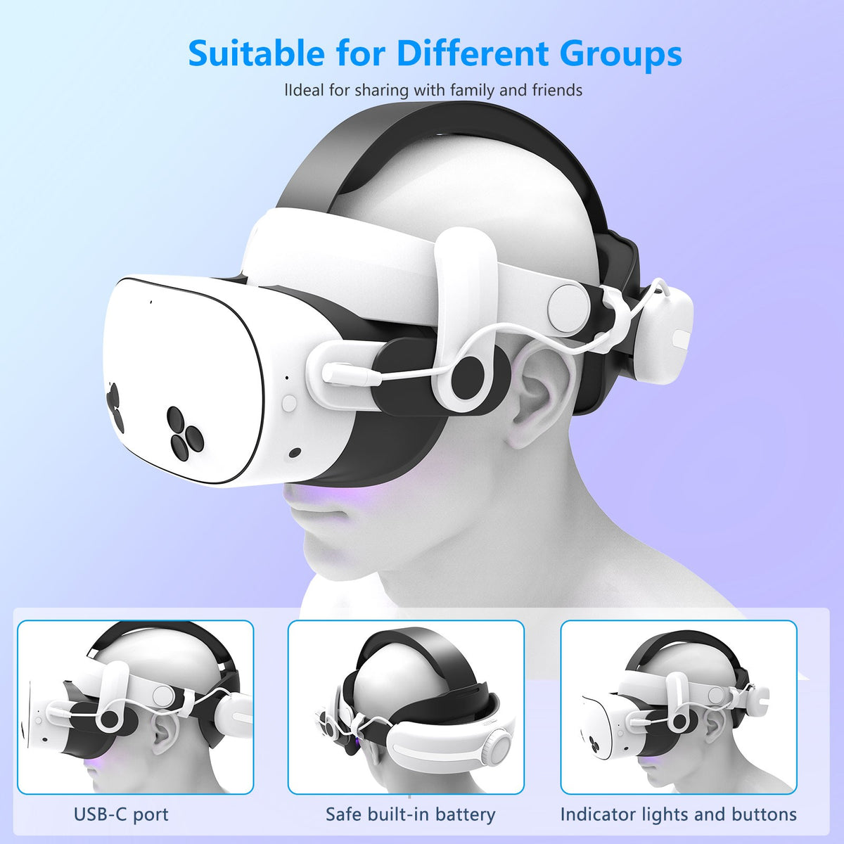 For Quest3S VR Headset 12000mAh Adjustable Charging Head Strap Elite Comfortable Accessory for Meta Quest3 Gaming Experience