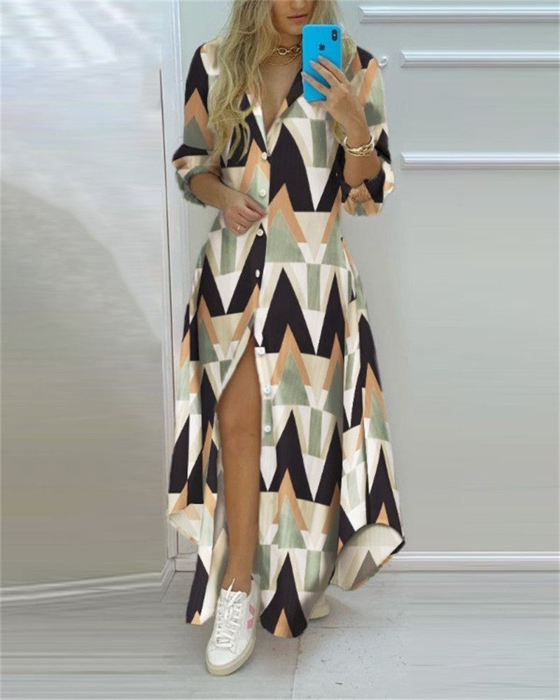 2024 Spring Autumn Sexy Polo Neck Shirt Dress Women's Long Sleeve Retro style Personalized Print Dress Casual Shirt Dress