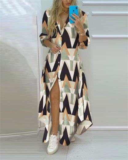 2024 Spring Autumn Sexy Polo Neck Shirt Dress Women's Long Sleeve Retro style Personalized Print Dress Casual Shirt Dress