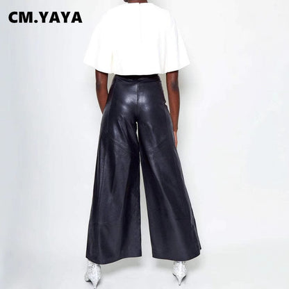 CM.YAYA Women Fashion Faux Leather High Waist Wide Leg Loose Pants Sashes Zipper 2025 Spring Party Casual Street PU Trousers
