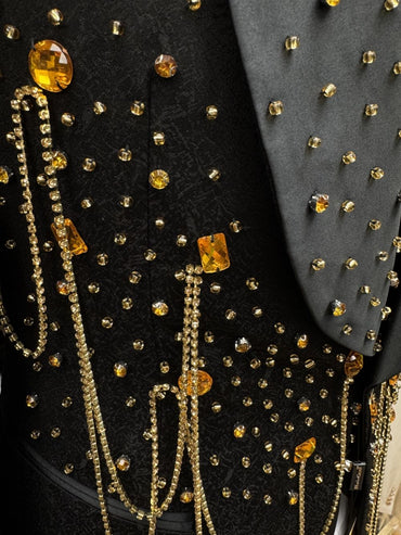 New Golden Beaded Tassel Suit Set Dancing Wear Luxury Classic Men's Suits 3 Pieces Blazer Vest Pants Wedding Groom Sets