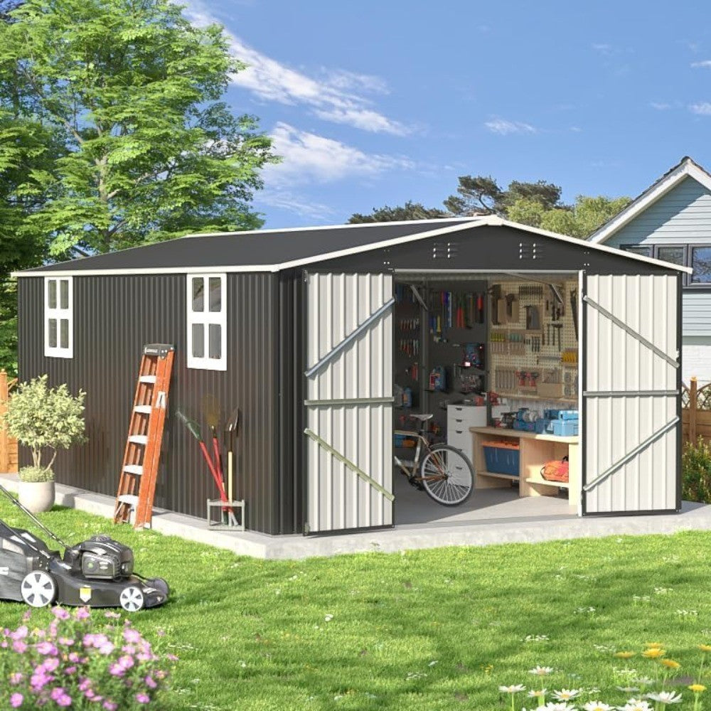 12x16 FT Outdoor Storage Shed, Garden Shed with Updated Frame Structure and Lockable Doors, Metal Tool Sheds for Backyard Garden