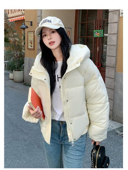 Korean Winter Women Black Beige Hood Zipper Down Jacket Ladies Blue Single Breasted Short Warm Thick Bread Coat Streetwear Trend